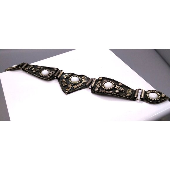 Primitive Silver Etruscan Style Bracelet with Vintage Milk Glass Cabochons - Picture 2 of 6